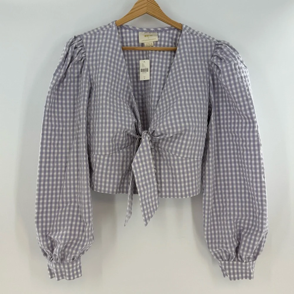 NWT Anthropologie Maeve Crop Gingham Blouse Lilac White Size 8